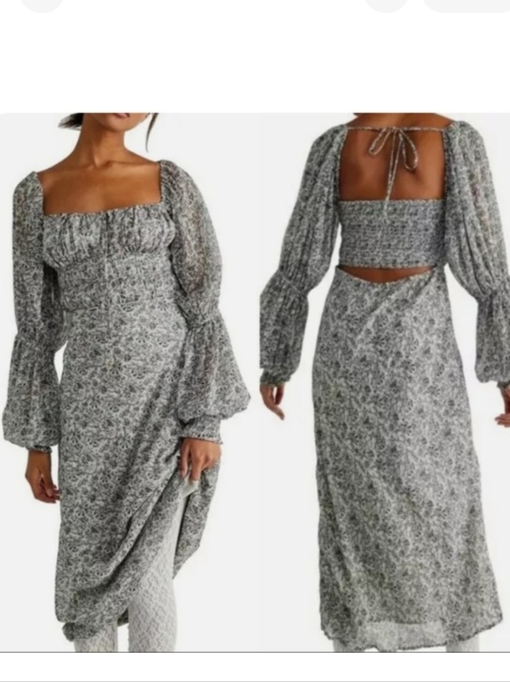 Smocked Neck Long Sleeve Floral Free People Midi Dress in Black and White